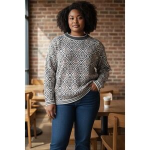 Vtg Jeanne Pierre Woman Grey Fair Isle Argyle Sweater Lambswool Angora Blend 2X